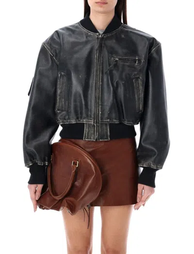 Acne Studios Leather Bomber Jacket In Vintage Black