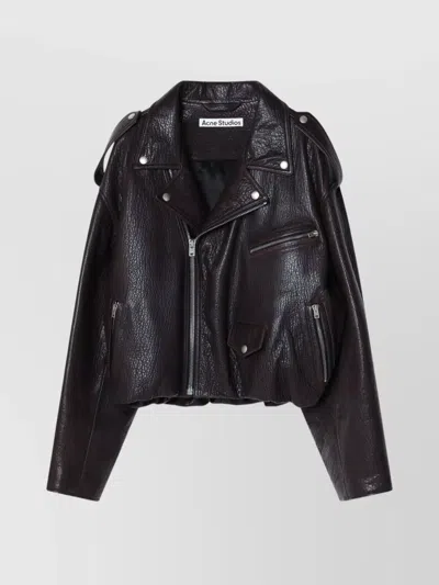 ACNE STUDIOS LEATHER BOMBER JACKET WITH EPAULETTES AND TEXTURED FINISH