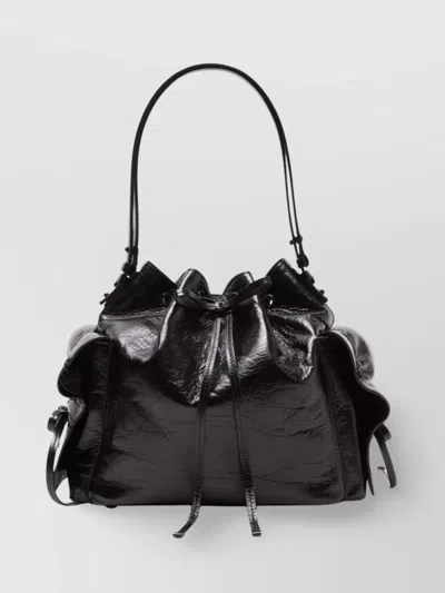 Acne Studios Leather Charm Shoulder Bag With Ruffled Detailing In Black
