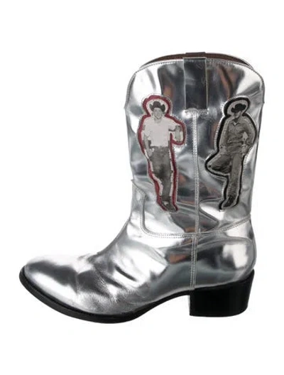 Pre-owned Acne Studios Leather Graphic Print Western Boots In Metallic/silver