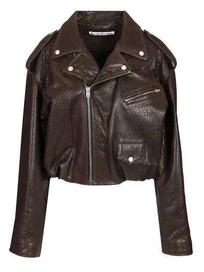 Acne Studios Gathered Textured-leather Biker Jacket In Brown