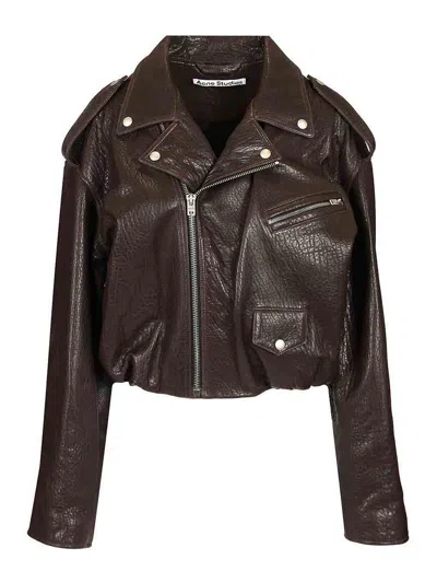 Acne Studios Gathered Textured-leather Biker Jacket In Brown