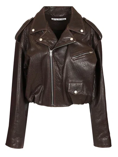 Acne Studios Lisio Leather Biker Jacket In Dark Brown