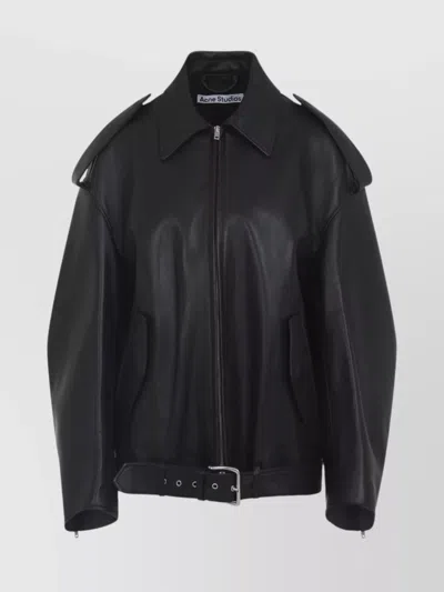 ACNE STUDIOS LEATHER JACKET WITH BELTED WAIST AND EPAULETTES