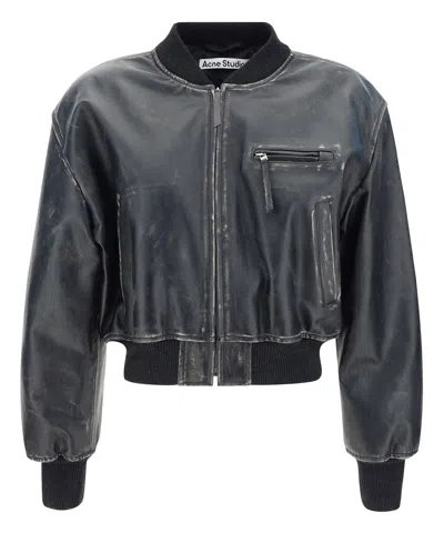 Acne Studios Aged Leather Bomber Jacket With Distressed Treatment In Black