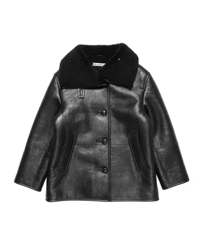 Acne Studios Leather Shearling Duffle Coat In Black