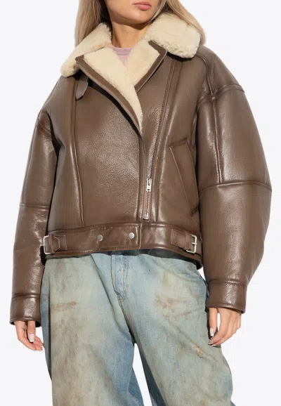 Acne Studios Leather Shearling Jacket In Brown