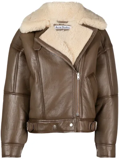 Acne Studios Leather Shearling Jacket In Burgundy
