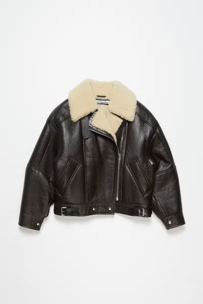 Acne Studios Leather Shearling Jacket In Dark Brown,beige