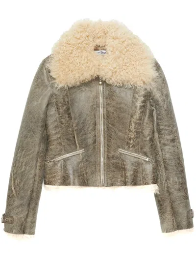 Acne Studios Leather Shearling Jacket In Neutral