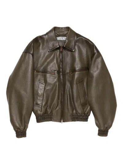 Acne Studios Leather Zip-up Bomber Jacket In Green