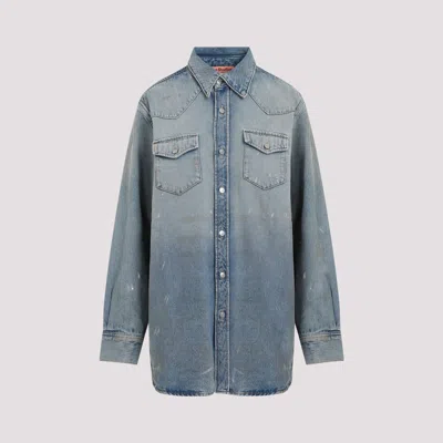 Acne Studios Distressed Cotton Blend Shirt With Chest Pockets In Blue