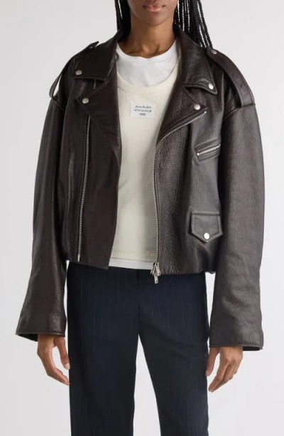 Acne Studios Liso Leather Crop Moto Jacket In Dark Brown