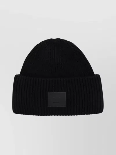 Acne Studios Logo Beanie With Folded Cuff And Ribbed Texture In Black