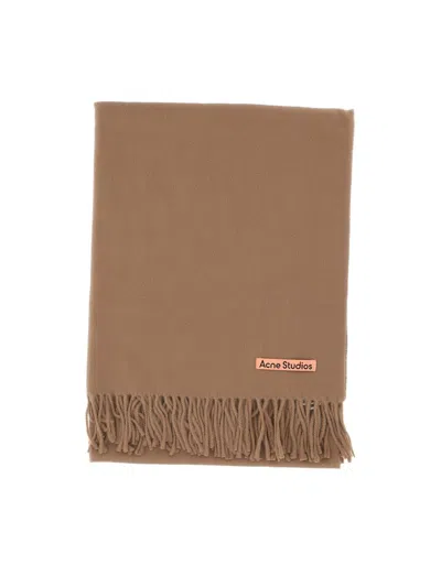 Acne Studios Logo Detailed Fringed Edge Scarf In Gold
