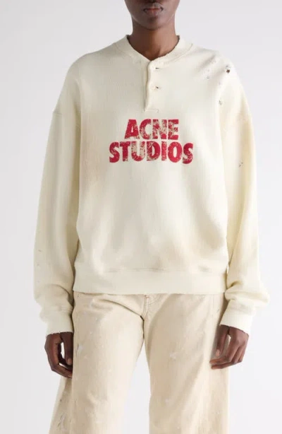 Acne Studios Logo Distressed Cotton Fleece Henley Sweatshirt In White