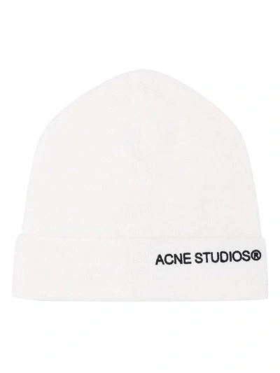 Acne Studios Logo Embroidered Ribbed Beanie In White