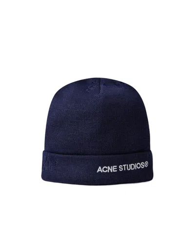 Acne Studios Logo Knitted Hat In Blue