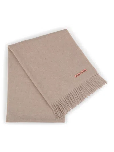 Acne Studios Logo Detail Fringed Scarf In Beige