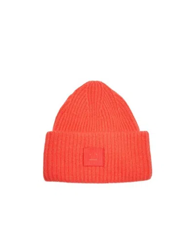 Acne Studios Logo Motif Rib-knit Beanie In Orange