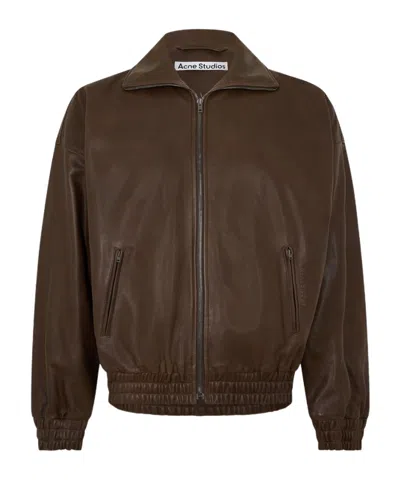 Acne Studios Logo Patch Leather Jacket In Brown