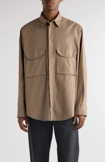 Acne Studios Logo Patch Stretch Poplin Button-up Shirt In Taupe Brown
