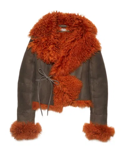 Acne Studios Logo Sheepskin Trimmed Casual Jacket In Brown