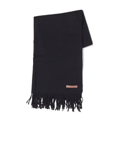 Acne Studios Logo-tag Frayed-edge Scarf In Black
