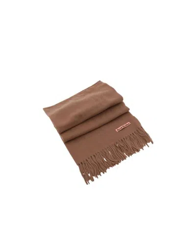 Acne Studios Logo-tag Frayed-edge Scarf In Brown