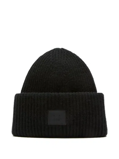 Acne Studios Casual Ribbed Knit Hat With Face Patch In Black