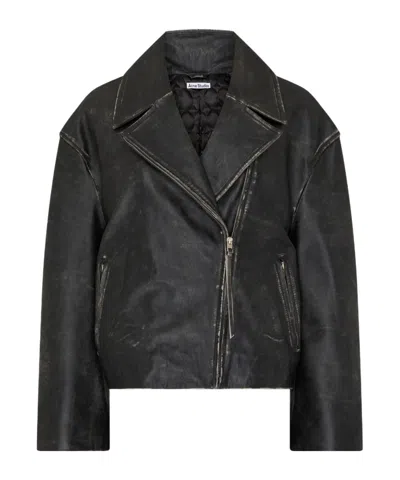 Acne Studios Women Black Biker Jacket In Vintage Looking Leather Woman