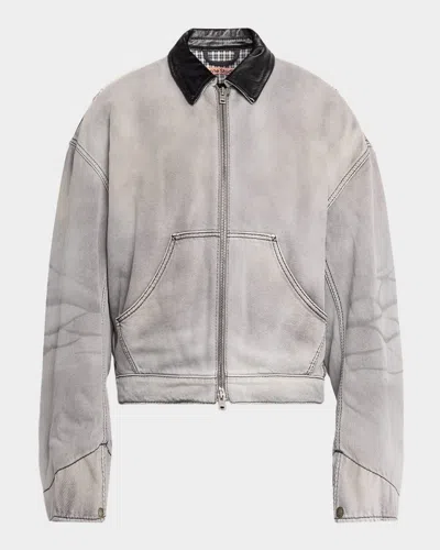 Acne Studios Men & Apos;s Ohniev Faded Denim Leather-collar Bomber Jacket In Gray