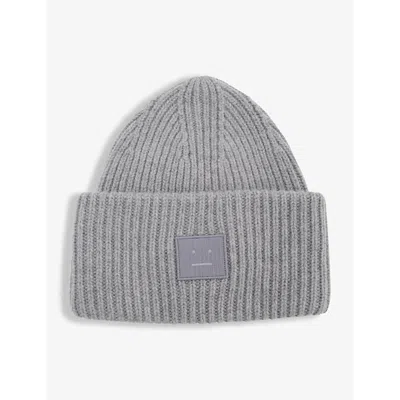 Acne Studios Womens Grey Melange Face Logo-patch Wool Beanie Hat