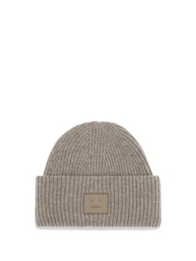 Acne Studios Men Ribbed Beanie Hat With Face Logo In Gray