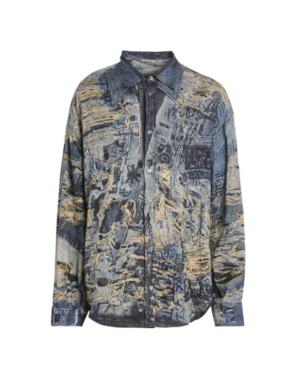 Acne Studios Men's Setar Torn Scribble Printed Linen Shirt In Blue