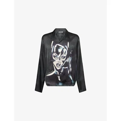 Acne Studios Sojama Cat Woman Print Satin Shirt In Black