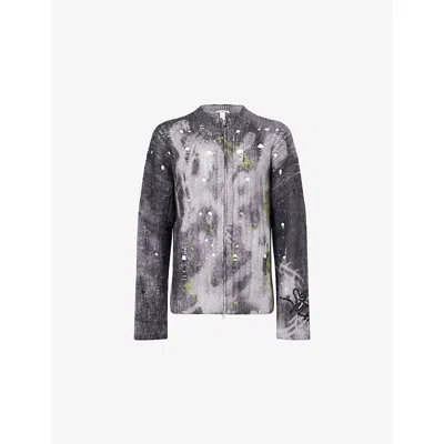 Acne Studios Mens Black Embellished-logo Distressed Wool-blend Knit Cardigan