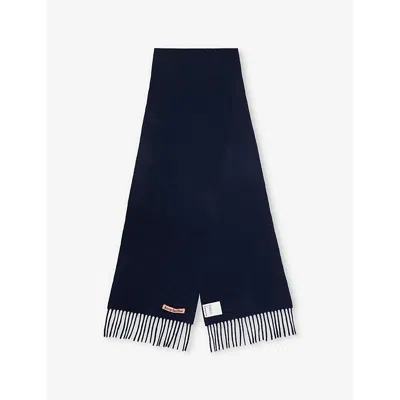 Acne Studios Mens  Logo-patch Fringe-trim Brushed-wool Scarf In Navy Blue