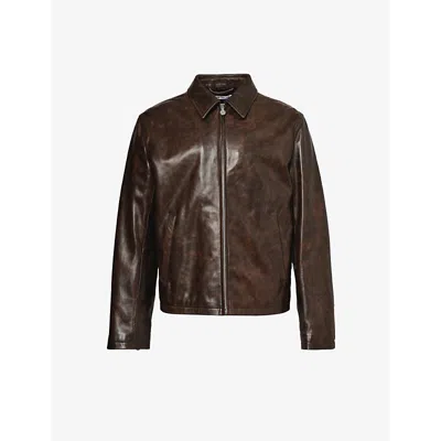 Acne Studios Mens Brown Spread-collar Brand-embossed Leather Jacket