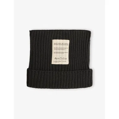 Acne Studios Mens Dark Grey Melange Ribbed Brand-patch Wool-blend Beanie In Black