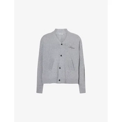Acne Studios Mens Dark Grey Melange V-neck Embroidered-logo Wool Cardigan Xs In Gray