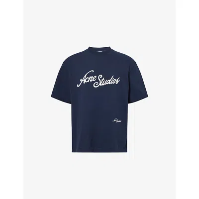 ACNE STUDIOS MENS DEEP BLUE EMBROIDERED SHORT-SLEEVES COTTON-PIQUÉ T-SHIRT