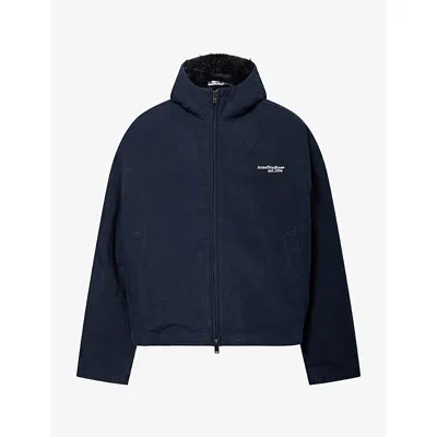 Acne Studios Mens Embroidered-logo Faux-fur Canvas Hoodie Evening Blue