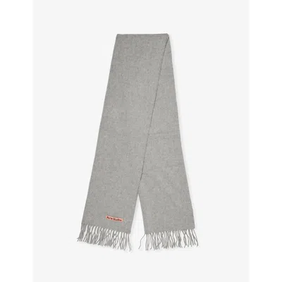 Acne Studios Mens Fringed Brand-patch Wool Scarf Light Grey Melange