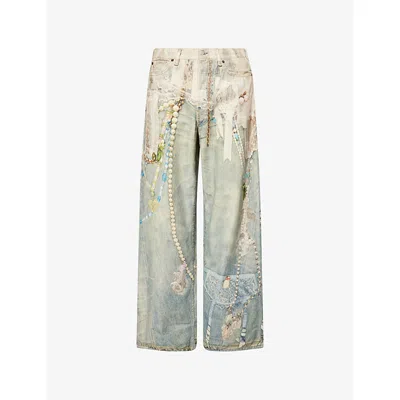 Acne Studios Mens White/green Goth Cute Wide-leg Graphic-print Denim Jeans In Multi