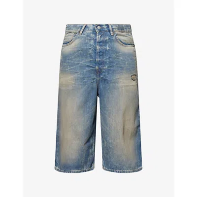 Acne Studios Mens Mid Blue Distressed Loose-fit Denim Shorts