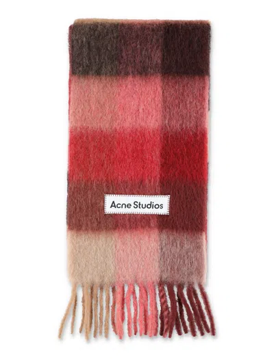 Acne Studios Mohair Blend Checkered Scarf With Logo Detail And Fringed Ends In Multi