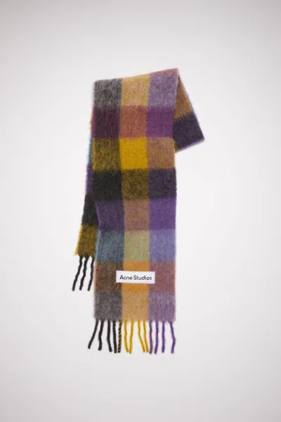 Acne Studios Mohair Checked Scarf In Anthracite Grey,yellow,purple