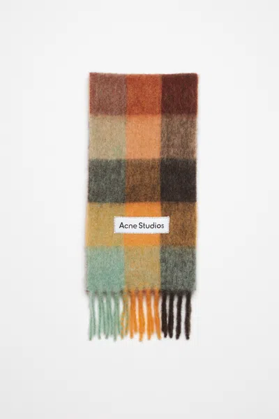 Acne Studios Mohair Checked Scarf In Chestnut Brown,yellow,green