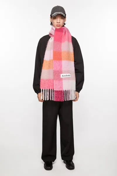 Acne Studios Mohair Checked Scarf In Pink,fuchsia,white